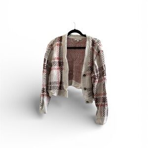 Francesca's Collections Plaid Cardigan - Cream and Brown